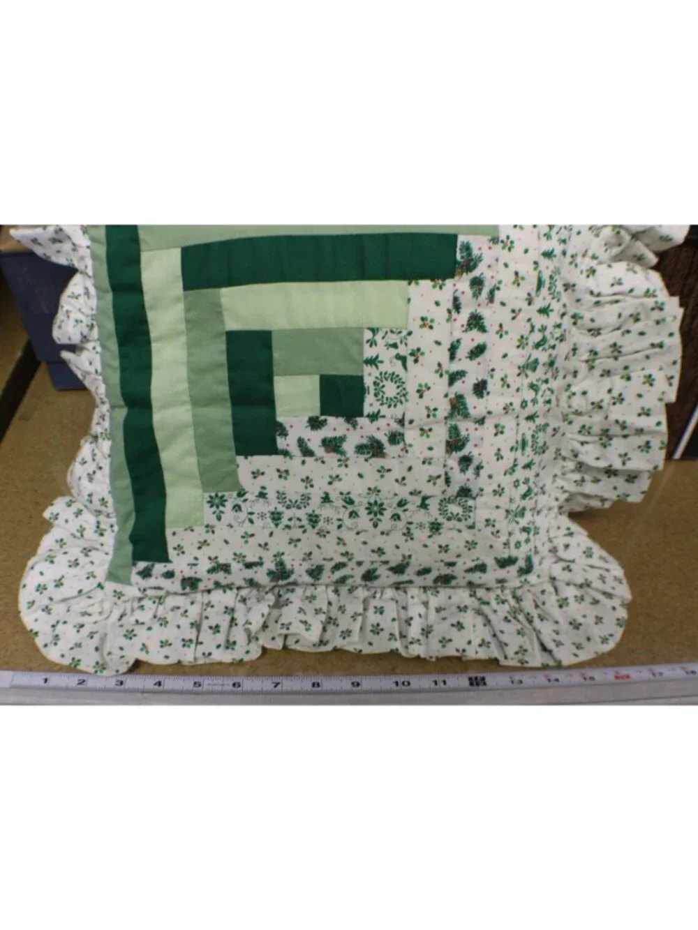 Set 2 Handmade Ruffled Quilted Throw Pillows Holiday Green White Holly Pattern